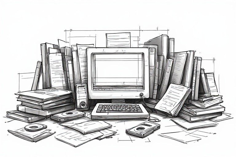 A sketch of a computer surrounded by stacks of books, papers, and floppy disks, representing the research behind this database